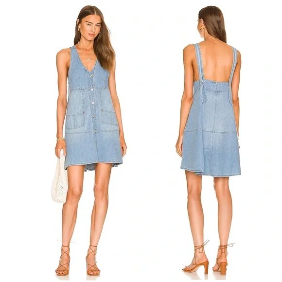 FREE PEOPLE Blue Bloom Pocket Full of Sunshine Denim Button-Up Shift Dress M - Picture 3 of 9
